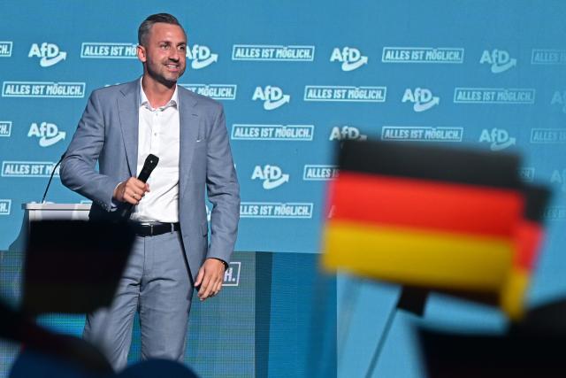 05 September 2026, Saxony-Anhalt, Magdeburg: Ulrich Siegmund, lead candidate and co-chair of the Alternative for Germany (AfD) parliamentary group in Saxony-Anhalt state, stands on stage at the AfD's campaign wrap-up event at the AMO Culture and Convention Center. Photo: Michael Brandt/dpa