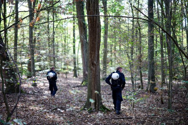 06 September 2026, North Rhine-Westphalia, Kerpen: Police forces search a section of the Hambach Forest as part of a large-scale operation. A 48-year-old suspect has been sought for days in connection with an act of sabotage against the German power grid. Photo: Christoph Reichwein/dpa