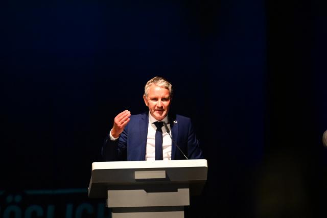 06 September 2026, Saxony-Anhalt, Magdeburg: Bjoern Hoecke (AfD), chairman of the Alternative for Germany (AfD) in Thuringia, speaks at the AfD's election party at the Altes Theater after the Saxony-Anhalt state election results. Photo: Sebastian Gollnow/dpa