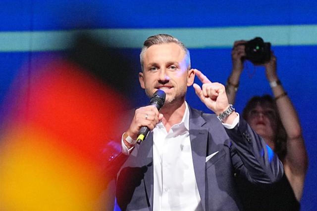 06 September 2026, Saxony-Anhalt, Magdeburg: Ulrich Siegmund, Alternative for Germany (AfD) top candidate and co-chair of the state parliamentary group in Saxony-Anhalt, speaks on stage at the AfD's election party at the Altes Theater following the projection of the results of the Saxony-Anhalt state election. Photo: Michael Kappeler/dpa