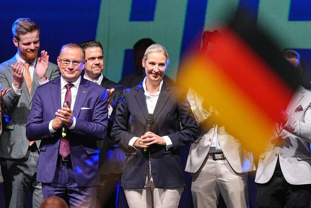 06 September 2026, Saxony-Anhalt, Magdeburg: Federal chairmen and co-chairs of the Alternative for Germany (AfD) parliamentary group in the Bundestag Tino Chrupalla and Alice Weidel stand on stage at the AfD's election party at the Altes Theater following the projection of the results of the Saxony-Anhalt state election. Photo: Michael Kappeler/dpa