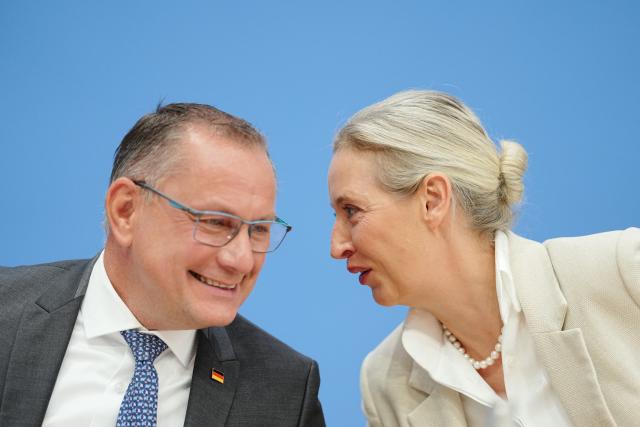 07 September 2026, Berlin: Alice Weidel and Tino Chrupalla, federal chairpersons of the AfD, speak at the Federal Press Conference on the results of the Saxony-Anhalt state election. Photo: Kay Nietfeld/dpa