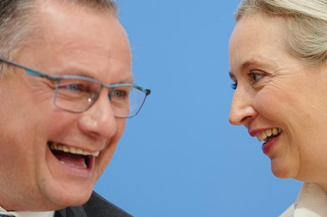 07 September 2026, Berlin: Alice Weidel and Tino Chrupalla, federal chairpersons of the AfD, speak at the Federal Press Conference on the results of the Saxony-Anhalt state election. Photo: Kay Nietfeld/dpa
