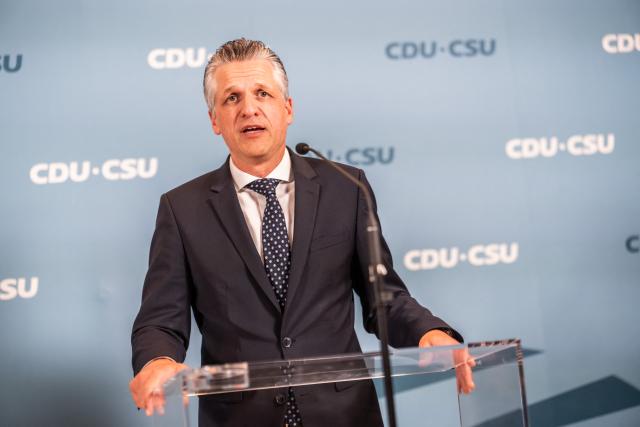 07 September 2026, Berlin: Thorsten Frei, chairman of the Christian Democratic Union of Germany (CDU)/ Christian Social Union in Bavaria (CSU) parliamentary group in the Bundestag, speaks during a press conference following the meeting of the CDU Federal Executive Committee at the Konrad Adenauer House. Photo: Michael Kappeler/dpa