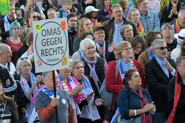 07 September 2026, Brandenburg, Potsdam: A protester from "Grandmas Against the Right" takes part in a demonstration at the Old Market against the Alternative for Germany (AfD) electoral success in Saxony-Anhalt. Photo: Michael Bahlo/dpa
