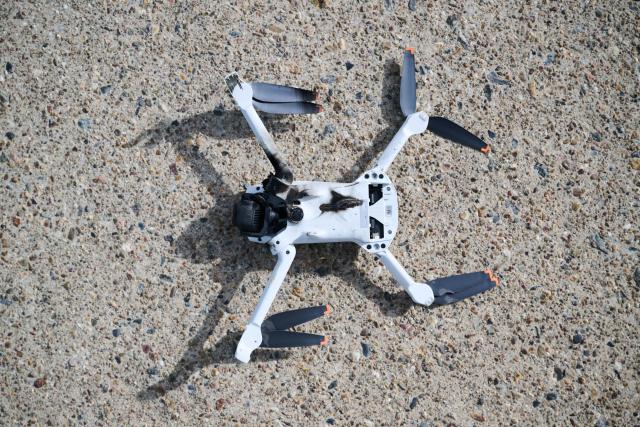 PRODUCTION - 07 September 2026, Berlin: Burn marks are visible on a drone that was shot down by a high-energy laser developed by the startup Ground A. The company is developing a laser for drone defense. Photo: Sebastian Christoph Gollnow/dpa