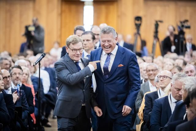 08 September 2026, Berlin: Johann Wadephul (L), German Minister of Foreign Affairs, and Maros Sefcovic, European Union Commissioner for Trade, attend the Economic Day event during the Ambassadors' Conference at the German Foreign Office. Photo: Christoph Soeder/dpa