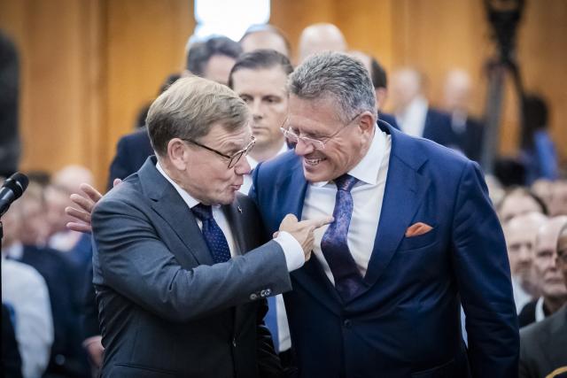 08 September 2026, Berlin: Johann Wadephul (L), German Minister of Foreign Affairs, and Maros Sefcovic, European Union Commissioner for Trade, attend the Economic Day event during the Ambassadors' Conference at the German Foreign Office. Photo: Christoph Soeder/dpa
