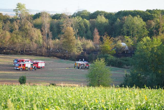 08 September 2026, Saarland, Eppelborn: Firefighters and fire trucks are stationed in a field while firefighting operations are underway to battle the forest fire. Photo: Patrick von Frankenberg/dpa