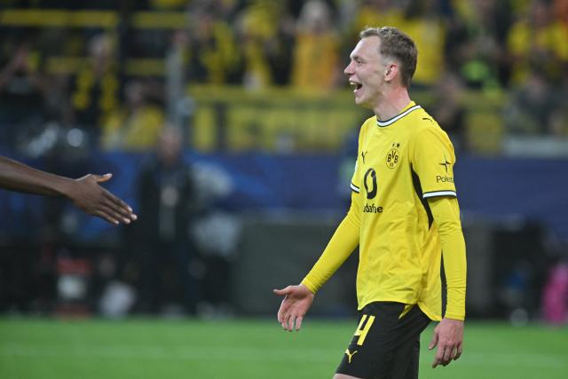 08 September 2026, North Rhine-Westphalia, Dortmund: Borussia Dortmund's Maximilian Beier celebrates his side's first goal during the UEFA Champions League group stage soccer match between Borussia Dortmund and Villarreal CF at Signal Iduna Park. Photo: Bernd Thissen/dpa