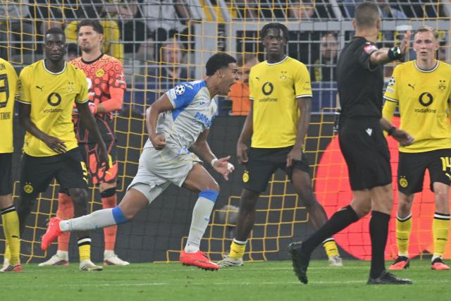 08 September 2026, North Rhine-Westphalia, Dortmund: Villarreal's Santiago Mourino (3rd L) celebrates scoring his side's first goal during the UEFA Champions League group stage soccer match between Borussia Dortmund and Villarreal CF at Signal Iduna Park. Photo: Bernd Thissen/dpa