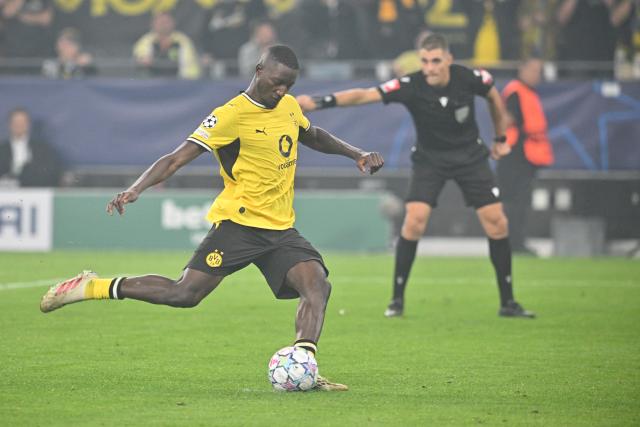 08 September 2026, North Rhine-Westphalia, Dortmund: Borussia Dortmund Serhou Guirassy scores his side's third goal during the UEFA Champions League group stage soccer match between Borussia Dortmund and Villarreal CF at Signal Iduna Park. Photo: Bernd Thissen/dpa
