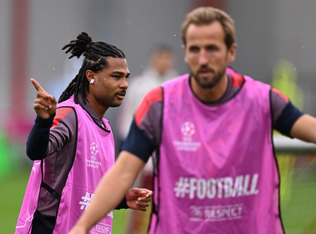 09 September 2026, Bavaria, Munich: Bayern Munich's Serge Gnabry and Harry Kane in action during a training session for the team at the training facility on Saebener street, ahead of the UEFA Champions League group stage soccer match against Bodo/Glimt. Photo: Sven Hoppe/dpa