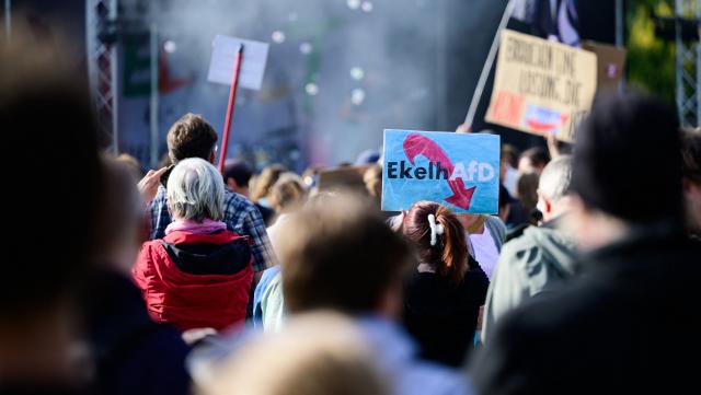 09 September 2026, Lower Saxony, Bleckede: "EkelhAfD" is written on a sign at a rally against an Alternative for Germany (AfD) campaign event. Photo: Philipp Schulze/dpa