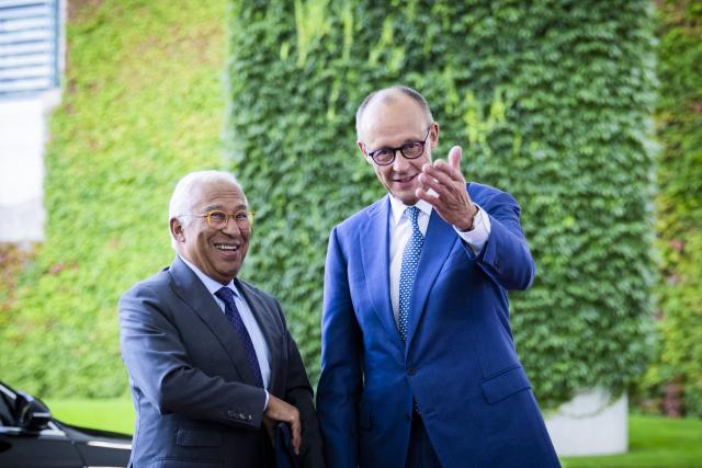 09 September 2026, Berlin: Antonio Costa (L), President of the European Council, is welcomed by German Chancellor Friedrich Merz in the courtyard of honor in front of the German Chancellery. Photo: Christoph Soeder/dpa