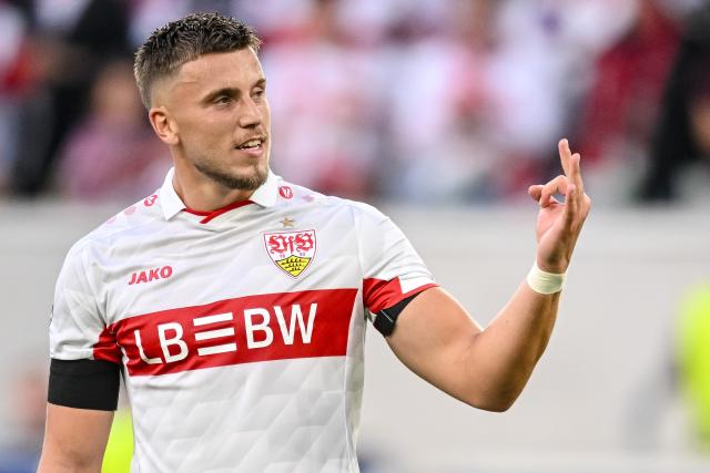 09 September 2026, Baden-Württemberg, Stuttgart: Stuttgart's Ermedin Demirovic celebrates scoring his side's third goal during the UEFA Champions League soccer match between VfB Stuttgart and Viking Stavanger at MHP Arena. Photo: Harry Langer/dpa