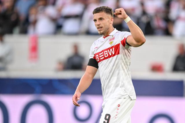 09 September 2026, Baden-Württemberg, Stuttgart: Stuttgart's Ermedin Demirovic celebrates scoring his side's third goal during the UEFA Champions League soccer match between VfB Stuttgart and Viking Stavanger at MHP Arena. Photo: Harry Langer/dpa