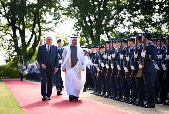 10 September 2026, Berlin: Germany's President Frank-Walter Steinmeier (L) welcomes Mohammed bin Zayed Al Nahyan, President of the United Arab Emirates, with military honours at Villa Borsig at the start of his state visit. Photo: Bernd von Jutrczenka/dpa