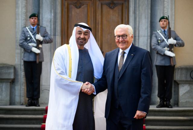 10 September 2026, Berlin: Germany's President Frank-Walter Steinmeier (R) welcomes Mohammed bin Zayed Al Nahyan, President of the United Arab Emirates, at Villa Borsig at the start of his state visit. Photo: Bernd von Jutrczenka/dpa