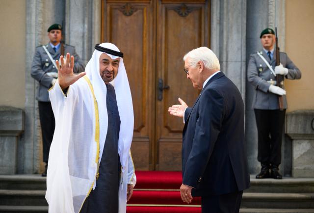 10 September 2026, Berlin: Germany's President Frank-Walter Steinmeier (R) welcomes Mohammed bin Zayed Al Nahyan, President of the United Arab Emirates, at Villa Borsig at the start of his state visit. Photo: Bernd von Jutrczenka/dpa