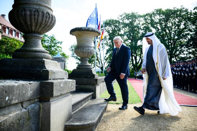 10 September 2026, Berlin: Germany's President Frank-Walter Steinmeier (L) welcomes Mohammed bin Zayed Al Nahyan, President of the United Arab Emirates, with military honours at Villa Borsig at the start of his state visit. Photo: Bernd von Jutrczenka/dpa