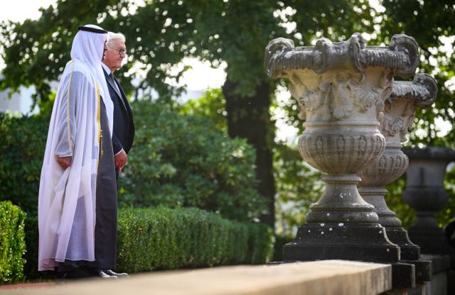 10 September 2026, Berlin: Germany's President Frank-Walter Steinmeier (R) welcomes Mohammed bin Zayed Al Nahyan, President of the United Arab Emirates, with military honours at Villa Borsig at the start of his state visit. Photo: Bernd von Jutrczenka/dpa