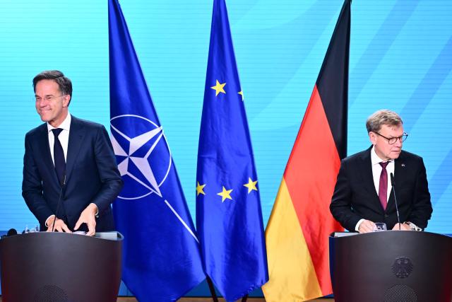 10 September 2026, Berlin: Mark Rutte (L), The North Atlantic Treaty Organization (NATO) Secretary General, and Johann Wadephul, Germany's Foreign Minister, hold a press conference at the conclusion of the ambassadors' conference at the Federal Foreign Office. Photo: Sebastian Gollnow/dpa