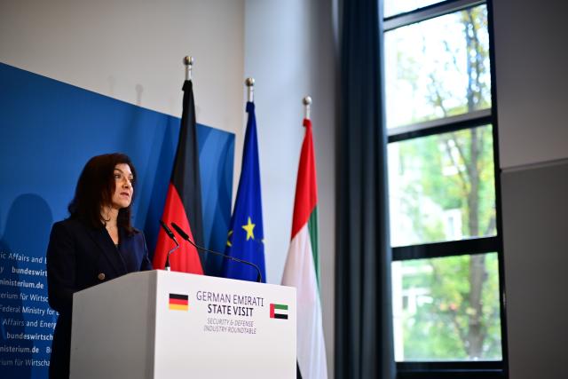 10 September 2026, Berlin: Katherina Reiche, German Minister for Economic Affairs and Energy, speaks during a press conference following a Security & Defense Industry Roundtable
held as part of the state visit by the President of the United Arab Emirates. Photo: Sebastian Gollnow/dpa