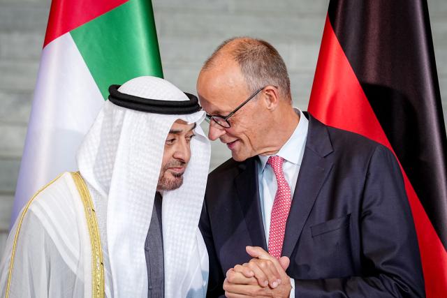 10 September 2026, Berlin: President of the United Arab Emirates Sheikh Mohamed bin Zayed Al Nahyan (L) and German Chancellor Friedrich Merz attend the signing ceremony for letters of intent with the United Arab Emirates at the Federal Chancellery. Photo: Kay Nietfeld/dpa
