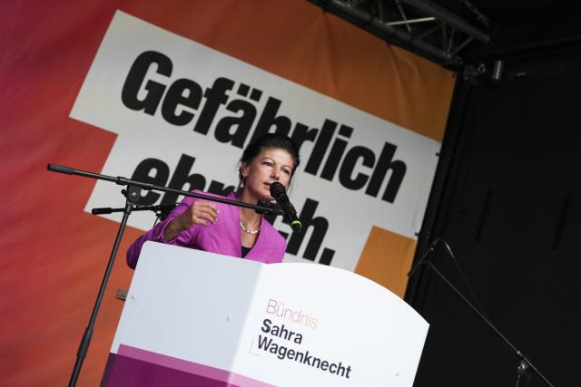 10 September 2026, Berlin: The Sahra Wagenknecht Alliance (BSW) founder Sahra Wagenknecht speaks during a campaign event at Prerower Platz. A new House of Representatives will be elected in Berlin on September 20. Photo: Sven Kaeuler/dpa