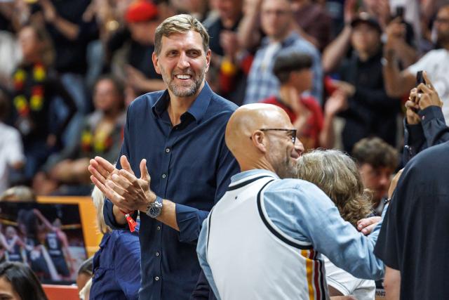 10 September 2026, Berlin: German former basketball player Dirk Nowitzki celebrates after the FIBA Women's Basketball World Cup quarterfinal match between Belgium and Germany. Photo: Andreas Gora/dpa