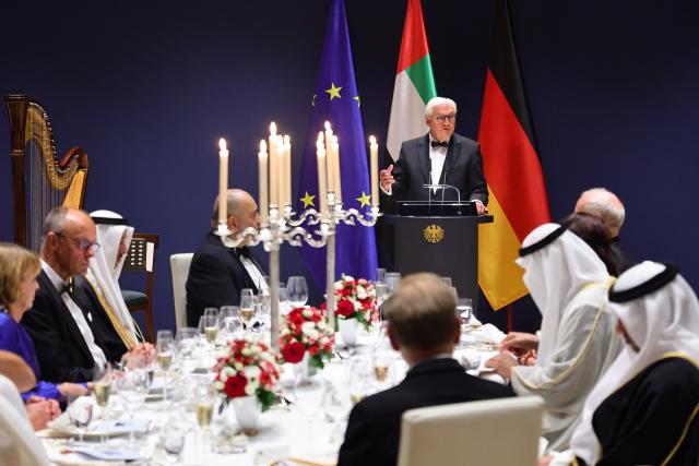 10 September 2026, Berlin: German Federal President Frank-Walter Steinmeier delivers a speech in honor of President of the United Arab Emirates Sheikh Mohamed bin Zayed Al Nahyan  during an official banquet at the Presidential Residence at Spreebogen (official residence at Spreebogen). Photo: Omer Messinger/Getty Images Europe/Pool/dpa