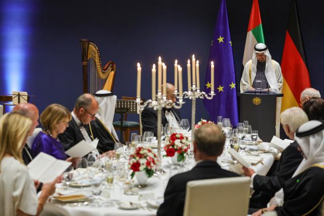 10 September 2026, Berlin: President of the United Arab Emirates Sheikh Mohamed bin Zayed Al Nahyan delivers a speech during an official toast at a banquet held at the official presidential residence at Spreebogen (the presidential office at Spreebogen). Photo: Omer Messinger/Getty Images Europe/Pool/dpa