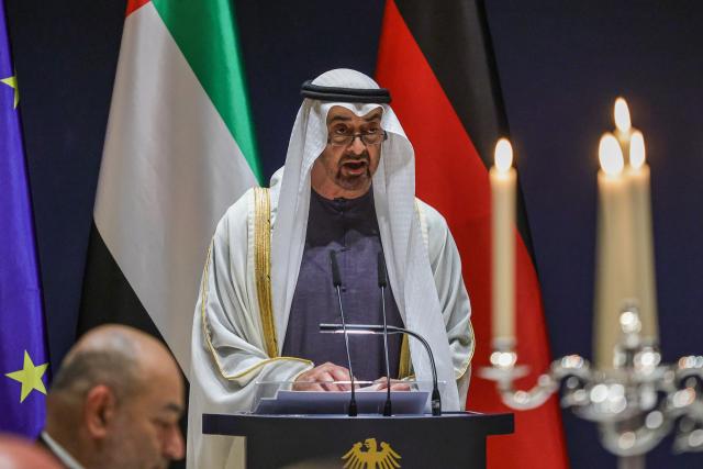10 September 2026, Berlin: President of the United Arab Emirates Sheikh Mohamed bin Zayed Al Nahyan delivers a speech during an official toast at a banquet held at the official presidential residence at Spreebogen (the presidential office at Spreebogen). Photo: Omer Messinger/Getty Images Europe/Pool/dpa