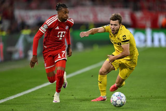 10 September 2026, Bavaria, Munich: Bayern Munich's Michael Olise (L) and Bodo/Glimt's Fredrik Bjoerkan battle for the ball during the UEFA Champions League group stage soccer match between Bayern Munich and FK Bodo/Glimt at Allianz Arena. Photo: Sven Hoppe/dpa
