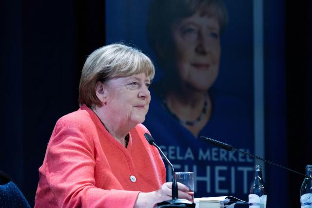10 September 2026, Mecklenburg-Western Pomerania, Peenemuende: Former German Chancellor Angela Merkel speaks on stage at the launch of her book, "Freedom: Memoirs 1954-2021". Former Chancellor Merkel wrote her memoirs together with her longtime chief of staffBeate Baumann. Photo: Stefan Sauer/dpa