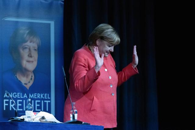 10 September 2026, Mecklenburg-Western Pomerania, Peenemuende: Former German Chancellor Angela Merkel arrives on stage at the launch of her book, "Freedom: Memoirs 1954-2021". Former Chancellor Merkel wrote her memoirs together with her longtime chief of staffBeate Baumann. Photo: Stefan Sauer/dpa