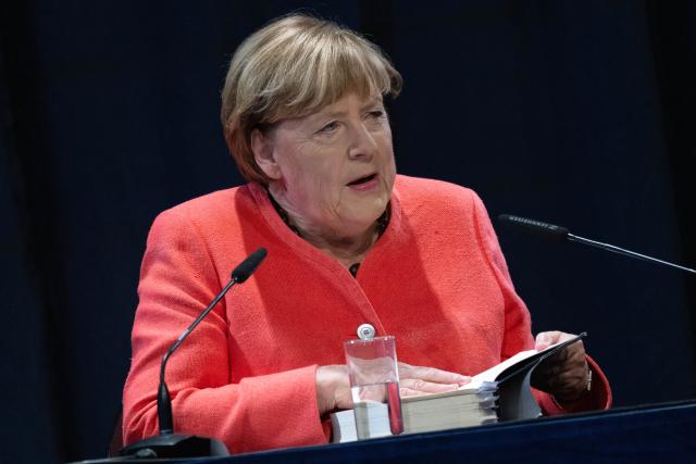 10 September 2026, Mecklenburg-Western Pomerania, Peenemuende: Former German Chancellor Angela Merkel speaks on stage at the launch of her book, "Freedom: Memoirs 1954-2021". Former Chancellor Merkel wrote her memoirs together with her longtime chief of staffBeate Baumann. Photo: Stefan Sauer/dpa