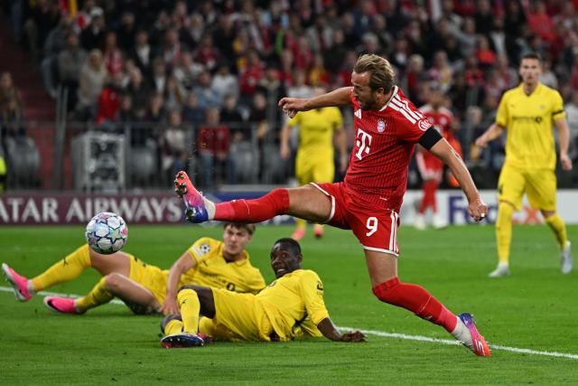 10 September 2026, Bavaria, Munich: Bayern Munich's Harry Kane shoots the ball during the UEFA Champions League group stage soccer match between Bayern Munich and FK Bodo/Glimt at Allianz Arena. Photo: Sven Hoppe/dpa