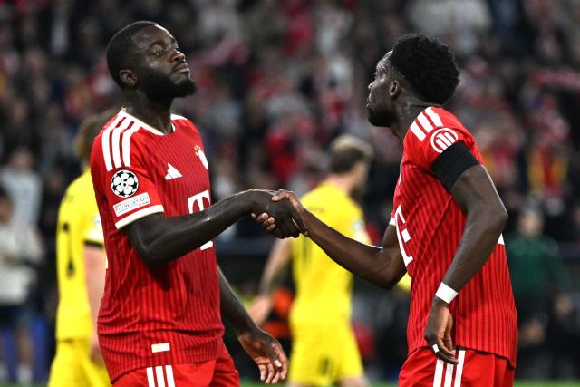 10 September 2026, Bavaria, Munich: Bayern Munich's Alphonso Davies (R) celebrates scoring his side's third goal with teammate Dayot Upamecano during the UEFA Champions League group stage soccer match between Bayern Munich and FK Bodo/Glimt at Allianz Arena. Photo: Sven Hoppe/dpa