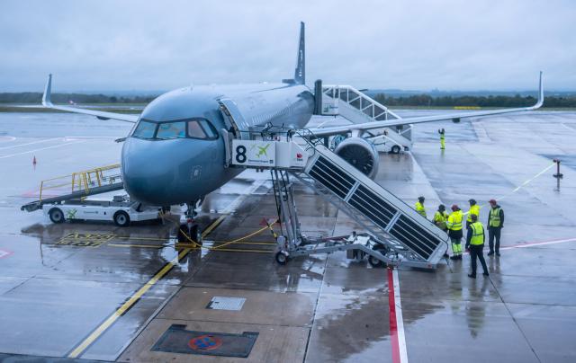 13 September 2026, NA, Dortmund: An Airbus belonging to the German Air Force's Special Flight Unit stands by at the airport to transport German Chancellor Merz to the European Arctic Summit in Rovaniemi, Finland. The summit, bringing together European heads of state and government, is expected to focus on economic, environmental and defense issues. Photo: Michael Kappeler/dpa