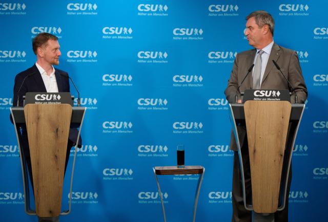 13 September 2026, Bavaria, Munich: Michael Kretschmer, Minister President of Saxony and Markus Soeder, Minister President of Bavaria speak during a press conference at the opening of the Christian Social Union (CSU) Executive Board's closed-door meeting at the CSU state headquarters. Photo: Sven Hoppe/dpa