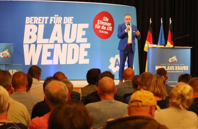 14 September 2026, Mecklenburg-Western Pomerania, Pasewalk: Tino Chrupalla, national chairman of the Alternative for Germany (AfD), speaks at an AfD campaign event titled "Chrupalla Comes to Pasewalk." Photo: Bernd Wüstneck/dpa