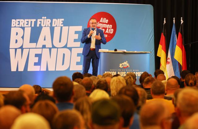 14 September 2026, Mecklenburg-Western Pomerania, Pasewalk: Tino Chrupalla, national chairman of the Alternative for Germany (AfD), speaks at an AfD campaign event titled "Chrupalla Comes to Pasewalk." Photo: Bernd Wüstneck/dpa