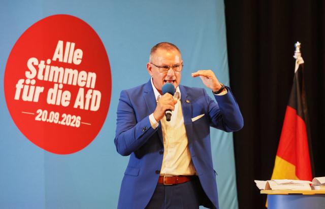 14 September 2026, Mecklenburg-Western Pomerania, Pasewalk: Tino Chrupalla, national chairman of the Alternative for Germany (AfD), speaks at an AfD campaign event titled "Chrupalla Comes to Pasewalk." Photo: Bernd Wüstneck/dpa