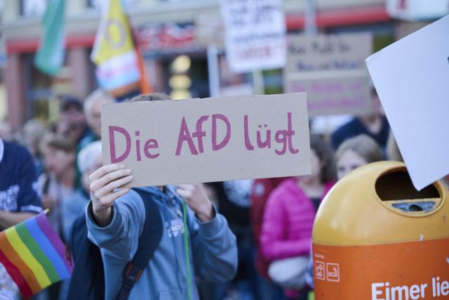 14 September 2026, Berlin: A demonstrators holds a sign reading "The AfD lies" in German during the counter-demonstration against the Alternative for Germany (AfD) rally on Hugenottenplatz. Photo: Annette Riedl/dpa