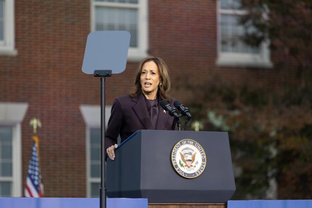 (241106) -- WASHINGTON, Nov. 6, 2024 (Xinhua) -- U.S. Democratic presidential candidate and Vice President Kamala Harris delivers a concession speech at Howard University in Washington, D.C., the United States, on Nov. 6, 2024. Harris on Wednesday delivered the concession speech at Howard University, saying that she is proud of the campaign and stressing that "when we lose an election, we accept the results." (Xinhua/Hu Yousong)