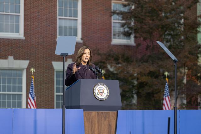 (241106) -- WASHINGTON, Nov. 6, 2024 (Xinhua) -- U.S. Democratic presidential candidate and Vice President Kamala Harris delivers a concession speech at Howard University in Washington, D.C., the United States, on Nov. 6, 2024. Harris on Wednesday delivered the concession speech at Howard University, saying that she is proud of the campaign and stressing that "when we lose an election, we accept the results." (Xinhua/Hu Yousong)