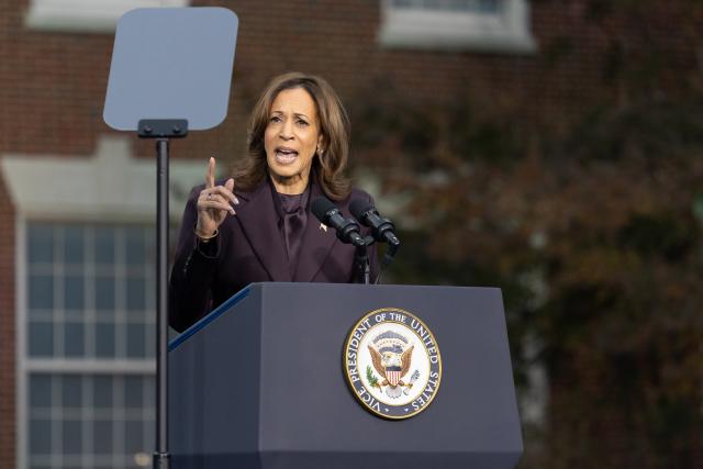 (241106) -- WASHINGTON, Nov. 6, 2024 (Xinhua) -- U.S. Democratic presidential candidate and Vice President Kamala Harris delivers a concession speech at Howard University in Washington, D.C., the United States, on Nov. 6, 2024. Harris on Wednesday delivered the concession speech at Howard University, saying that she is proud of the campaign and stressing that "when we lose an election, we accept the results." (Xinhua/Hu Yousong)