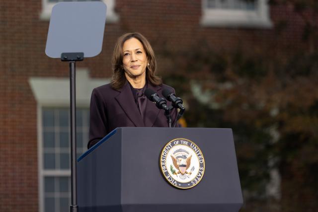 (241106) -- WASHINGTON, Nov. 6, 2024 (Xinhua) -- U.S. Democratic presidential candidate and Vice President Kamala Harris delivers a concession speech at Howard University in Washington, D.C., the United States, on Nov. 6, 2024. Harris on Wednesday delivered the concession speech at Howard University, saying that she is proud of the campaign and stressing that "when we lose an election, we accept the results." (Xinhua/Hu Yousong)